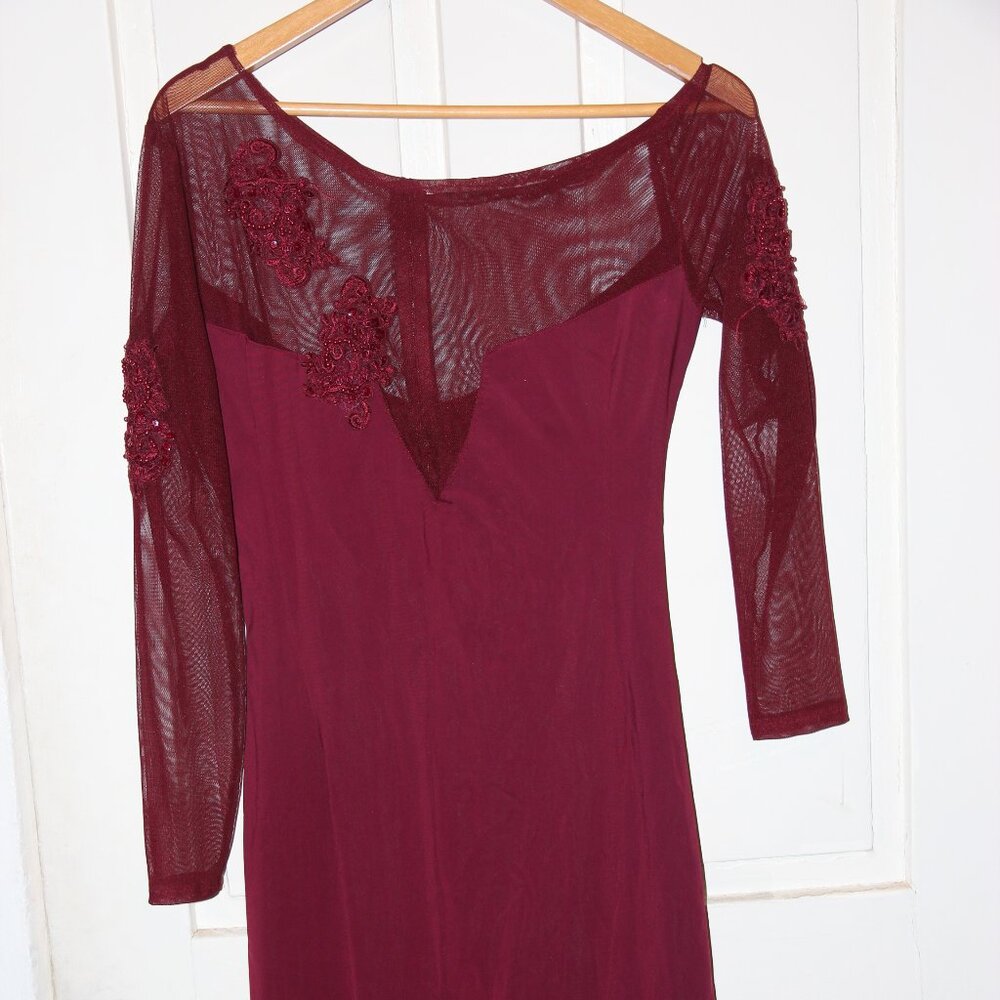 Deep Red Large/XL Asymetrical Long Sleeve Beaded Formal Floor Length Gown